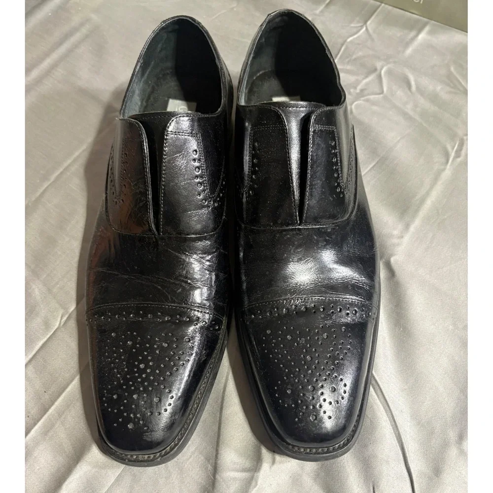 Giovanni Irwin Mens Black Leather Brogue Slip‎ On Dress Shoes Size 11 Cap Toe